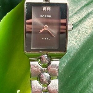 Vintage Fossil Steel FS-2630 Diamond Tank Watch